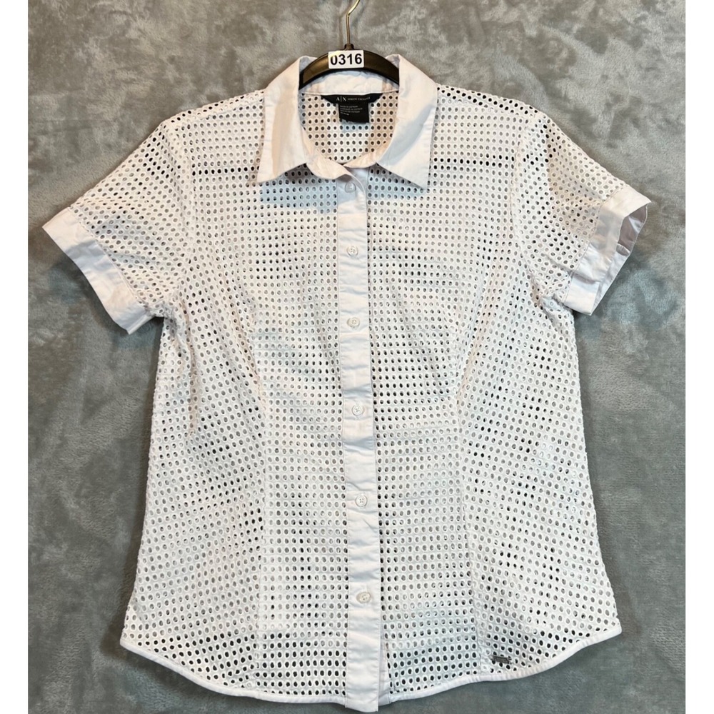 Armani Exchange Eyelet Short Sleeve Shirt Women's Medium White‎ Old Money Preppy